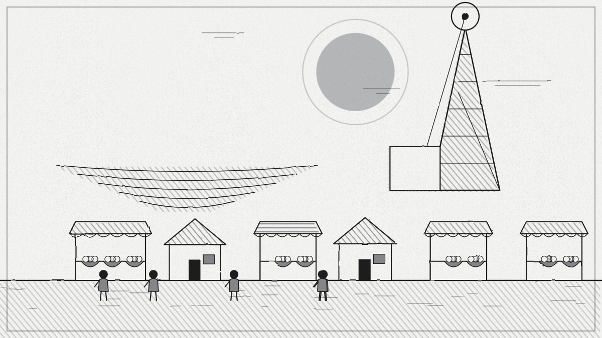 Pit-head headframe at a Katanga copper mine in the distance, empty market stalls and a cement mixer in the foreground